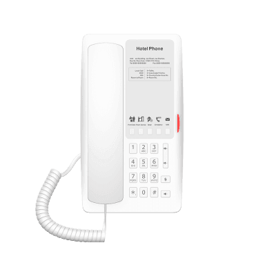 Teléfono IP Hotelero / 2 Líneas SIP / 5 Teclas Programables / Puerto USB-A de Carga / PoE 802.3af / Diseño Blanco / Audio HD Manos Libres