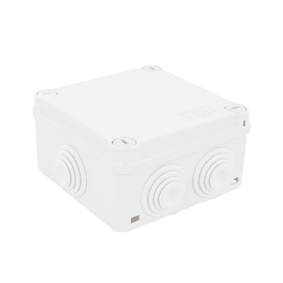 Caja Estanca de PVC Para Derivación y Conexión, 6 Entradas, Tapa con Tornillo de 1/4" de Vuelta, 100x100x50 mm (Área Interna), Uso Exterior IP55, Material que no Propaga el Fuego y Libre de Hálogenos