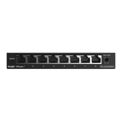 Switch Administrable Gigabit / 8 Puertos 10/100/1000BASE-T / Capa 2 / Switching 16 Gbps / Forwarding 11.9 Mpps / Gestión Cloud Ruijie Gratuita / Modo CCTV con Transmisión 250 m (820 ft) / Prevención de Bucles Automática / Diseño Fanless