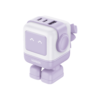 Cargador RobotGaN de 65W Serie UNO | 3 Puertos de Carga Rápida | 2 USB-C | 1 USB-A | PD 3.0 | QC 4.0 | Carga Inteligente | Tecnología GaN II | Zapato Magnético Extraíble | Carcasa Ignífuga | Pantalla LED