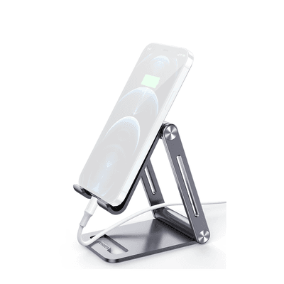 Soporte para Teléfono Celular de Aluminio | Angulo Ajustable | Amplia Compatibilidad con dispositivos de 4.7'' a 7.9'' | Antideslizante | Antiarañazos | Plegable | Color Gris. imagen 2