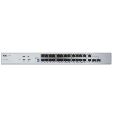 Switch PoE (802.3af/at/bt) / No administrable de largo alcance / Hasta 250m / Con 24 x 10/100Mbps + 2 x SFP Gigabit Combo / 280 W
